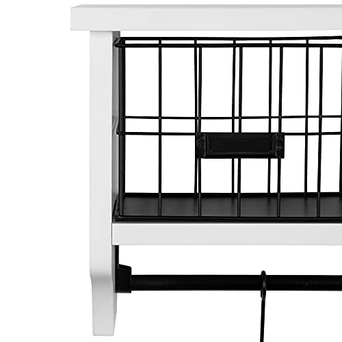 Wood Wall Mounted Shelf with Hooks and Storage Baskets White Floating