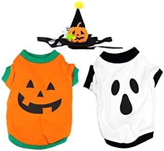 Pet Dog Holiday Halloween Costumes Set,Including Festivals Pumpkin T-shirt Costume and White Cotton Ghost Puppy Party Clothes,Black Puppy Decorations Hat.