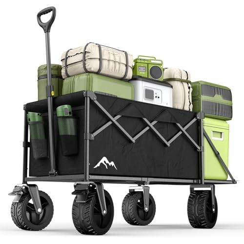XXXL Bollerwagen Faltbar 300L mit Verstellbarer Heckklappe, 200 KG Belastbar, 360°-Schwenkbare All-Terrain-Räder & Doppelbremsen, Verstellbarer Griff & 2 Netztaschen，Strand/Wanderung/Camping/Einkauf