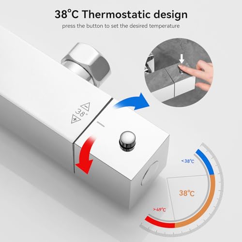 Auralum Chrome Thermostatic Shower Column with Mixer, Complete Set Rainshower 30 cm Stainless Steel, Adjustable Rod 88-124 cm and Hand Shower with 6 Modes of Use, Complete Shower Head