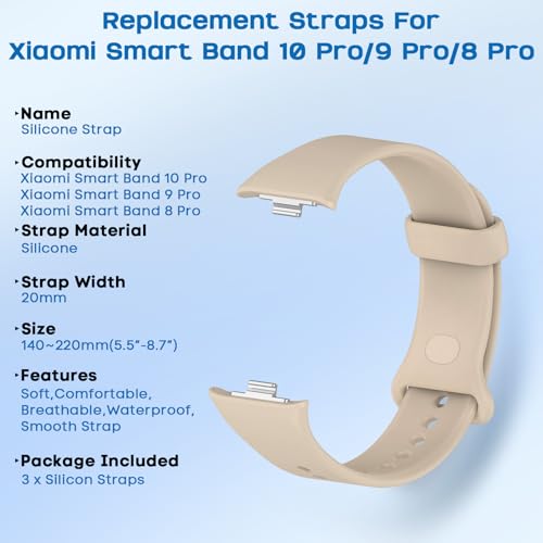 Xisair 3 Silicone Bands Compatible with Xiaomi Smart Band 9 Pro and Xiaomi Smart Band 8 Pro Sport Strap, Silicone, Breathable, Soft and Comfortable Replacement Straps for Miband 9 Pro, Miband 8 Pro