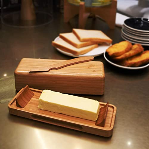 Yishobo Bamboo Butter Dish with Lid and Knife,Airtight Covered Butter