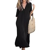 utcoco Womens Cotton Linen Maxi Dresses Casual Loose Fit V Neck 3/4 Sleeve Side Slit A Line Linen Long Dress