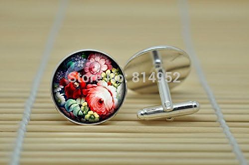 Pretty Lee Zhostovo Jewelry Cufflinks Russian Folk Cufflinks In Silver Glass Cabochon Cuff Links C0736