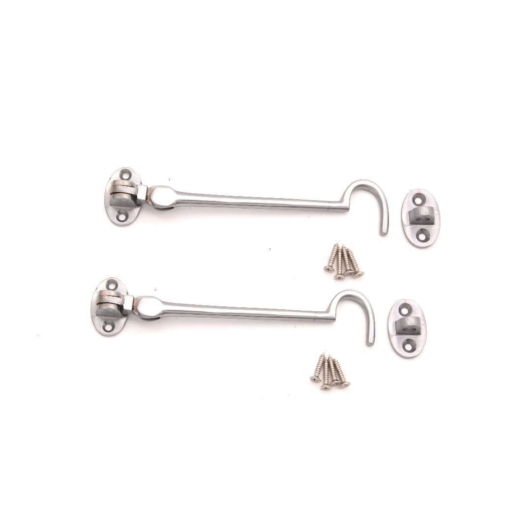 Infinity Decor 6" 150mm Brass Cabin Hook & Eye Weatherproof Silent Door Swivel/Catch/Latch/Lock for Window, Garden, Garage, Gate etc.. in Satin Chrome for Internal & External use- Pack of 2