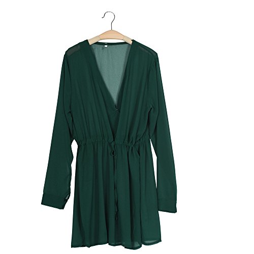 SOUFUN Women Deep V Neck Long Sleeve Chiffon Green Party Dress Evening Casual Summer Mini Dress (S)