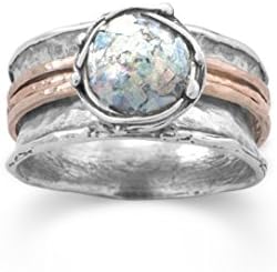 Ancient Roman Glass Ring Round with Rose Gold-plated Bands Sterling Silver
