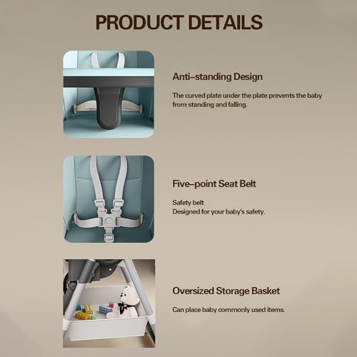 0TO1 3-in-1 Baby High Chair, كرسي اطفال with Wheels, 7-Height Travel Folding High Chair with Tray, Storage Pocket, 4 Recline Adjustable, for Babies and Toddlers (Blue)