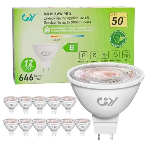 GY GU5.3 MR16 12V Spotlight LED Bulb 3.8W, Equivalent 60W Low Consumption, Warm White 2700K, 663 Lumens, Narrow Beam Angle 36° Spotlight, Non-Dimmable, Pack of 12