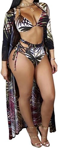 Sexy Printed Green 3 Piece V Neck Swimsuit Set Long Swimwear Cover up