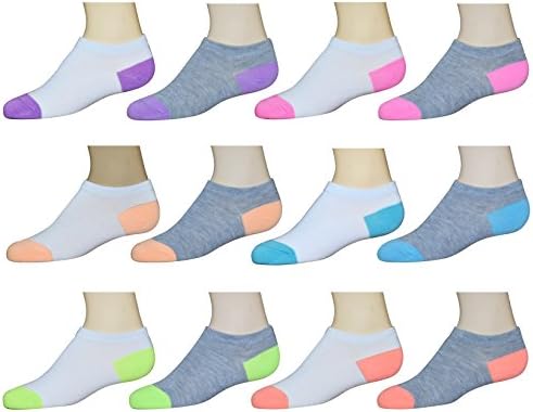 Collettie Betty Girls No-Show Low Cut Athletic Ankle Socks - 12 pack, Fits Shoe Size- 5 - 10.5, Color Heel Toe