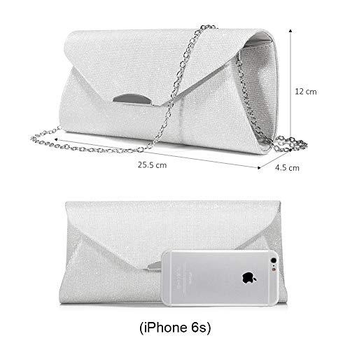 Evening Bag Clutch Handbags Envelope Purse for Women Flap Glitter with Chain Strap for Wedding Party Silver