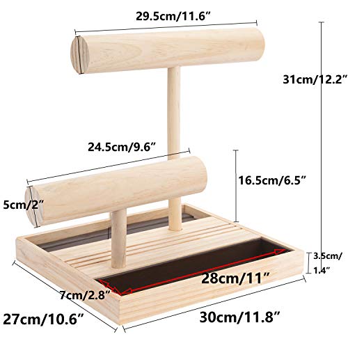 2 Tier Necklace Holder Wooden Bracelet Holder Stand T Bar Jewelry Display Stand Holder Organizer Bangle Watch Stand Holder with Ring Tray for Earring Cards Watches Bracelets Necklaces Chains