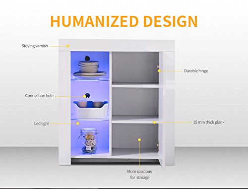 GTM Sideboard Buffet Cabinet Kitchen Cupboard, High Gloss LED Light Sideboard White - Thumbnail 3