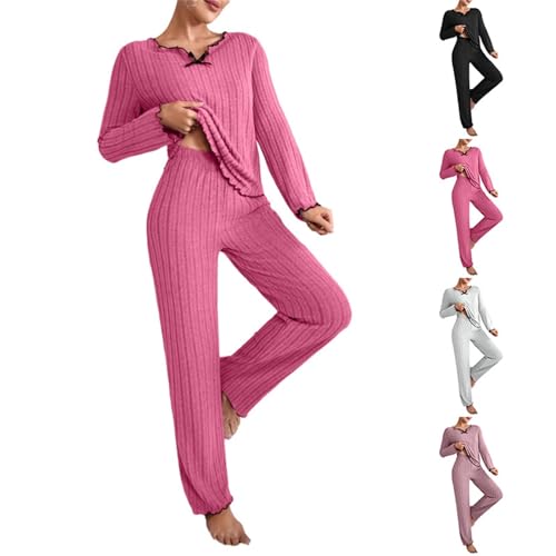peiaclkde Womens Ribbed Pajamas Set V Neck Long Sleeve Top Jumpers And Wide Leg Trousers 2 Piece Floral Pajamas Set Leisure Suits Ladies Lounge Wear Sets Christmas Pyjamas Women Comfy Warm Nightwear