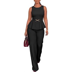 CHICME Women's 2 Piece Sets Sleeveless Vest and Wide Leg Pants | High Stretch Draped Fabric,Waist Cinched Ruffle Hem Design,B