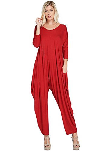 Annabelle Women's Long Sleeve Comfy Harem Jumpsuit Romper with Pockets Red XXX-Large J8002X