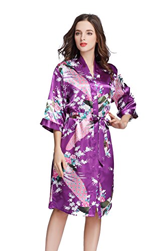 Amzchoice Women's Short Sleeve Kimono Robe Peacock & Blossoms for Spa, Wedding Bridal and Bridesmaid (M, Purple)