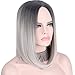 Short Wig Cosplay Wigs for Women Ombre Hair Silver Gray Synthetic Wigs Black to Grey Anxin Bob Straight Middle Part Full Head Wigs Heat Resistant (28CM, Grey)