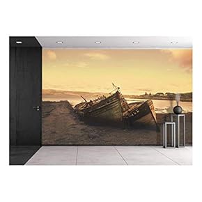 Shipwreck Scene with Boat Drenched by The Coast in Sunset - Removable Wall Mural | Self-Adhesive Large Wallpaper - 66x96 inches