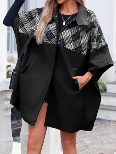 TANKANEO WOMENS OVERSIZED PLAID PEA COAT WINTER CASUAL MID LENGTH CAPE PONCHO JACKETS WITH POCKETS