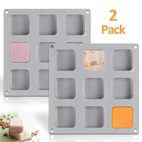 2 Pack Silicone Soap Molds, 9 Cavities Square Soap Mold, DIY Handmade Baking Mold, Cake Pan,for Soap, ice, Candle, Muffin, Loaf, Brownie, Cornbread Making