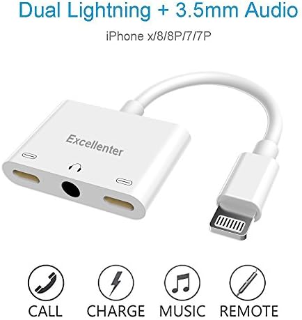 IPhone 7 Adapter, Excellenter 3 in 1 Lightning Adapter Splitter for iPhone 7/8/X, Dual Lightning with 3.5mm Headphone Jack Adapter, Support iOS 11/10