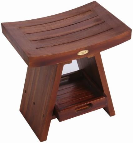 Patented FULLY ASSEMBLED Asia Style Serenity Teak Shower Bench With Shelf With Integrated Amenity Storage Tray- Sitting, Storage, Shaving, Display by Decoteak
