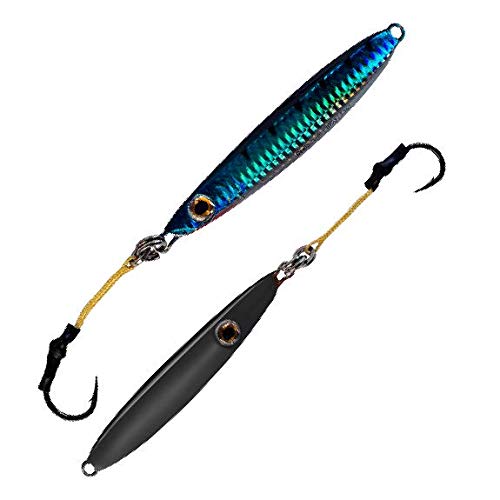 Flat Side Vertical Fast Irons Speed Ocean Jigs w/ MUSTAD Hooks & OWNER Rings | Military Grade Kevlar Assist Cord | 7 Colors & 5 Weights | Scientifically Proven Color & Depth Hydro-Engineering