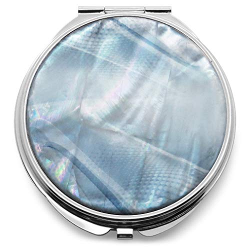Makeup-Compact-Pocket-Mirror-Mother-of-Pearl-Round-Double-Sided-Folding-Magnify-Digital-Fractal-Blue-Silver