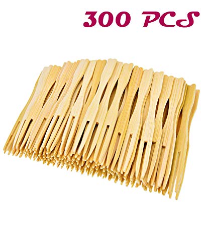 Agreatca 300 PCS 3.5 Inch Total Bamboo Forks,Food Picks Double Prong,Cocktail Forks Blunt,Bamboo Party Forks,Blunt End Toothpicks