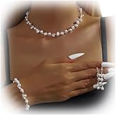 Cusmyre Silver Rhinestone Pearl Necklace, Earrings & Bracelet Set for Women - Wedding, Party, Beach - Vintage Style - 3 Pcs