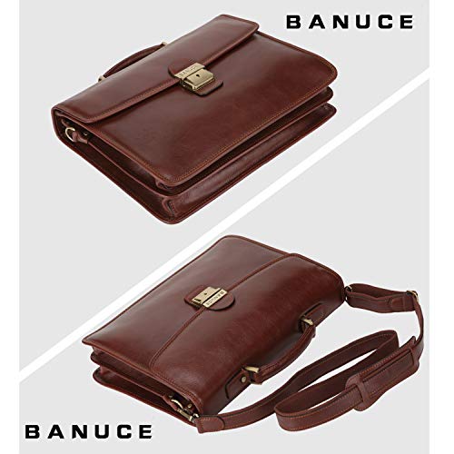 Banuce Full Grain Italian Leather Briefcase for Men Business Lock Attache Case 14 inch Laptop Messenger Bag