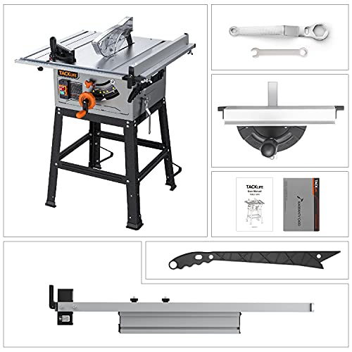 Table Saw, 10-Inch 15-Amp Table Saw, Cutting Speed up to 4800RPM, Aluminum Extension Table, 24T Blade, 45ºBevel Cutting, Jobsite Table Saw with Stand, Miter Gauge, Push Bar - MTS01A