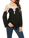 OURS Women Sexy V Neck Long sleeve Cold Shoulder Floral Lace Top Blouses (M, Black)