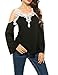 OURS Women Sexy V Neck Long sleeve Cold Shoulder Floral Lace Top Blouses (M, Black)