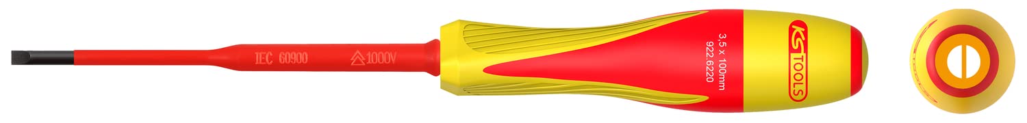 KS Tools 922.6220 Screwdriver 922.6220, Slotted Screwdriver, 3.5 x 100 mm, Insulated Materials, 1000 V, for Electrical Clamps, Steel S2, Burnished Tip