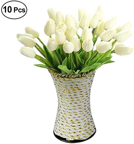Julvie Fake Flowers Lifelike Artificial Tulip PU Flowers Wedding Home Decoration,Pack of 30 (10, Off-white)