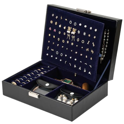 ProCase Jewelry Box Organizer for Women Girls, Upgraded Jewelry Case with 8 Extra Tarnish Free Bags, PU Leather Jewellery Holder Storage Container for Earrings Necklaces Bracelets Rings -Black