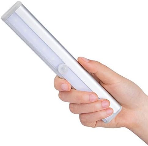 Wireless Infrared Motion Sensing Closet Cabinet LED Night Light Portable 10-LED Magnetic Strip for Drawer Bar Hotel Attics Garages Car Sheds Storage Room (Battery Operated)-Silver