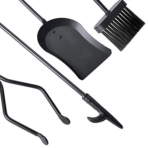 Syntrific 5 Pieces Fireplace Tool Set Black Cast Iron Fire Place Tool Set with Log Holder Fire Pit Stand Rustic Tongs Shovel Antique Broom Chimney Poker Wood Stove Hearth Accessories Set