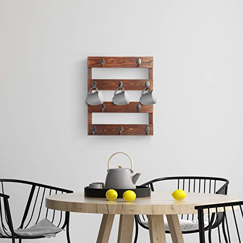 Eurlemd Coffee Mug Holder, Rustic Wooden Mug Rack Wall Mounted, with 10 Hooks for Home Kitchen Display Storage and Collection (Rustic Brown)