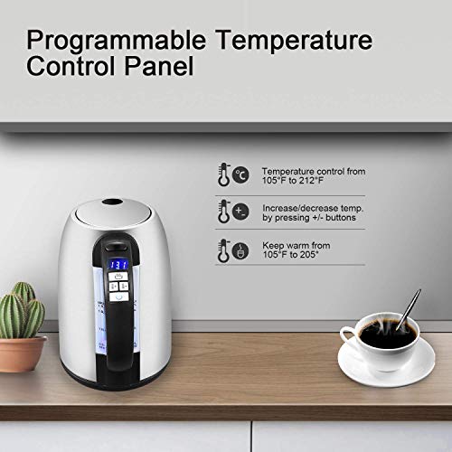 Geek Chef Electric Kettle 1.7Liter Electric Kettle with Temperature Control 304 Stainless Steel Housing, Hot Water Boiler with LED Indicator, Fast Boiler Auto Shut-Off 60 Minutes Keep Warm, BPA-Free