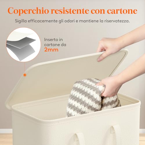 Cesta Portabiancheria Salvaspazio con Coperchio, Cesto Biancheria Sporca Sottile con Manici, Portabiancheria Sporca Pieghevole per Camera da Letto, Bagno, Lavanderia, 65 L, Bianco