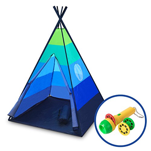 USA Toyz Indoor Outdoor Teepee Tent for Kids Happy Hut Kids Teepee Tent with Safari Projector Light + EZ Pack Play Tent Tote for Kids Tent (Blue)