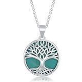 Beaux Bijoux Sterling Silver Natural Turquoise/Abalone/Mother-of-Pearl Stone Tree of Life Circle Pendant with 18
