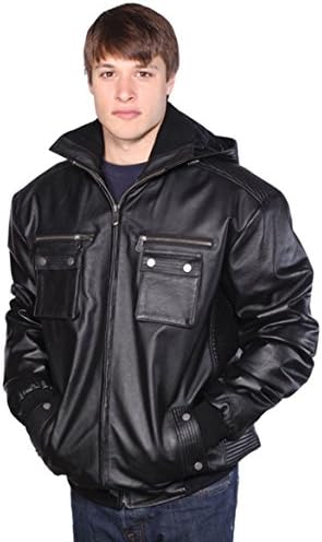 MEN'S COW HIDE BOMBER LEATHER JACKET REMOVABLE HOOD SOFT LEATHER VERY WARM BLACK ( Regular Regular XL Regular)