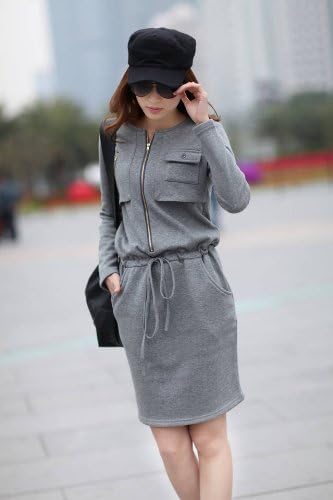 Amazon ジップ デザイン コットン ワンピース ウエスト 紐 ライトグレー ワンピース チュニック 通販