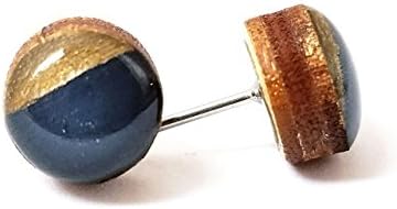 Tiny Wood Stud Earrings, Navy Blue Metallic Gold Color Block, 8mm, Surgical Steel Posts for Sensitive Ears by Wrap Star Boutique handmade fashion jewelry