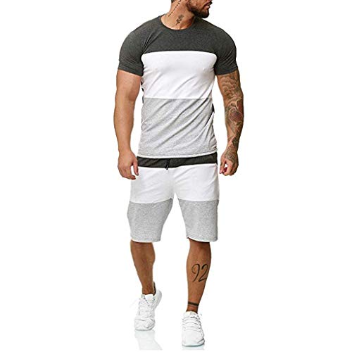 Striped Patchwork Jogging Sets for Men,Short Sleeve Tops+Drawsting Short Pants Sports Suit Tracksuit Sweat Suits by Leegor Dark Gray